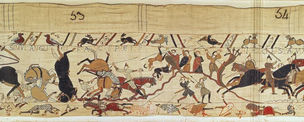 Normander och engelska faller sida vid sida i Battle, Bayeux Tapestry
